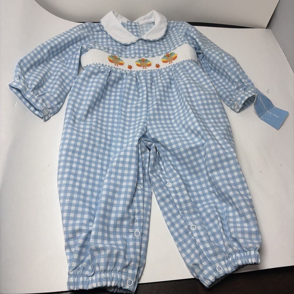 Charming Little 1 Romper Boys 9 Months Blue Gingham Smocked Turkey Thanksgiving